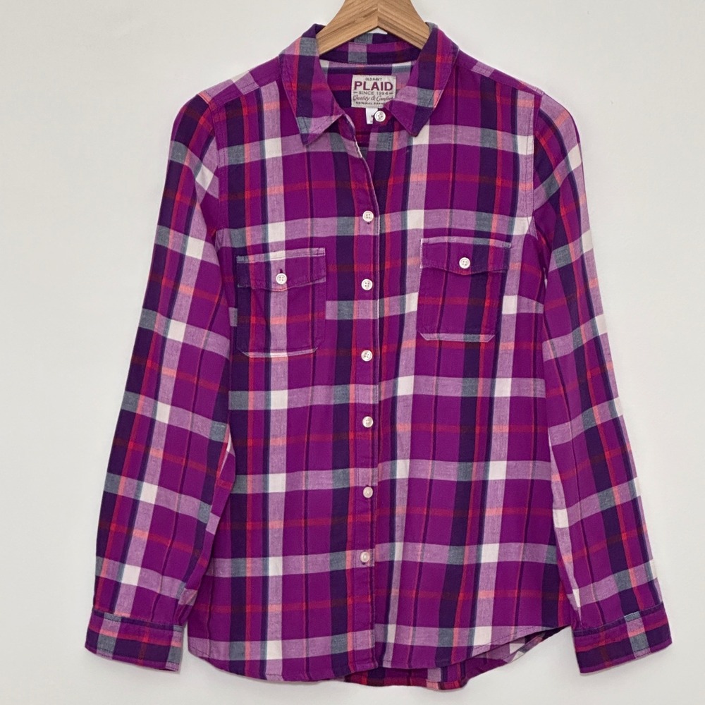Old Navy Womens Top M Magenta Purple Plaid Soft Flannel Grunge Lumberjack Cabin